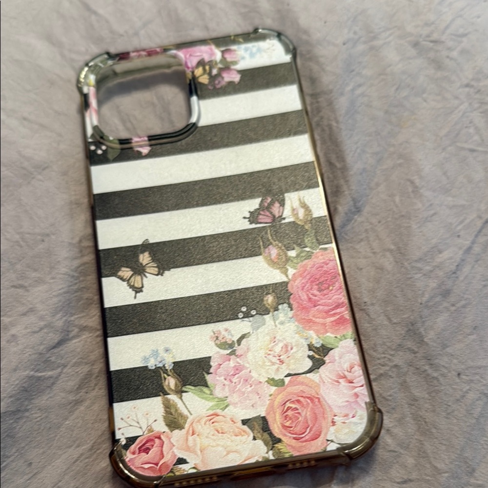 Floral Striped Phone Case - Black and Pink